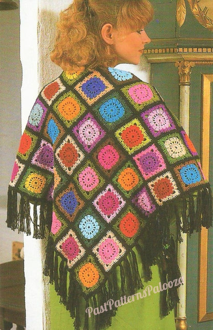 Vintage Crochet Pattern Womens Wagon Wheel Granny Square Shawl PDF Instant Digital Download Boho Gypsy Hippie Chic 5 Ply Scrap Yarn