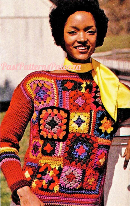 Vintage Crochet Pattern Womens Granny Square Collage Sweater Top PDF Instant Digital Download Groovy Gypsy Boho Pullover Jumper 4 Ply