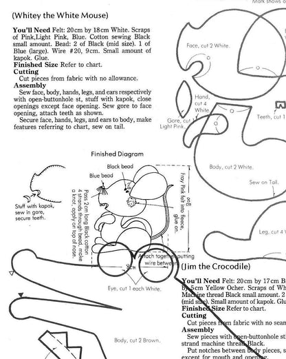 Vintage Sewing Pattern 5" Doctor Doolittle and Animals Felt Soft Toy Doll Figures Playset PDF Instant Digital Download