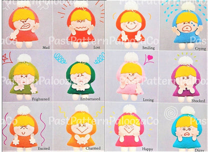 Vintage Sewing Pattern 3.5" Mini Felt Emotions Soft Doll Figures Set of 12 Different Facial Expressions PDF Instant Digital Download