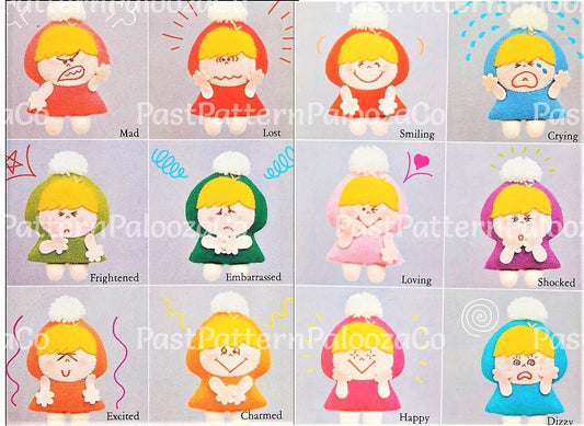 Vintage Sewing Pattern 3.5" Mini Felt Emotions Soft Doll Figures Set of 12 Different Facial Expressions PDF Instant Digital Download