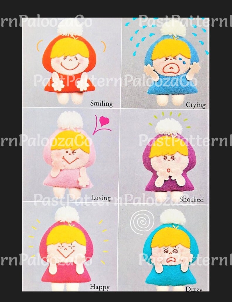 Vintage Sewing Pattern 3.5" Mini Felt Emotions Soft Doll Figures Set of 12 Different Facial Expressions PDF Instant Digital Download