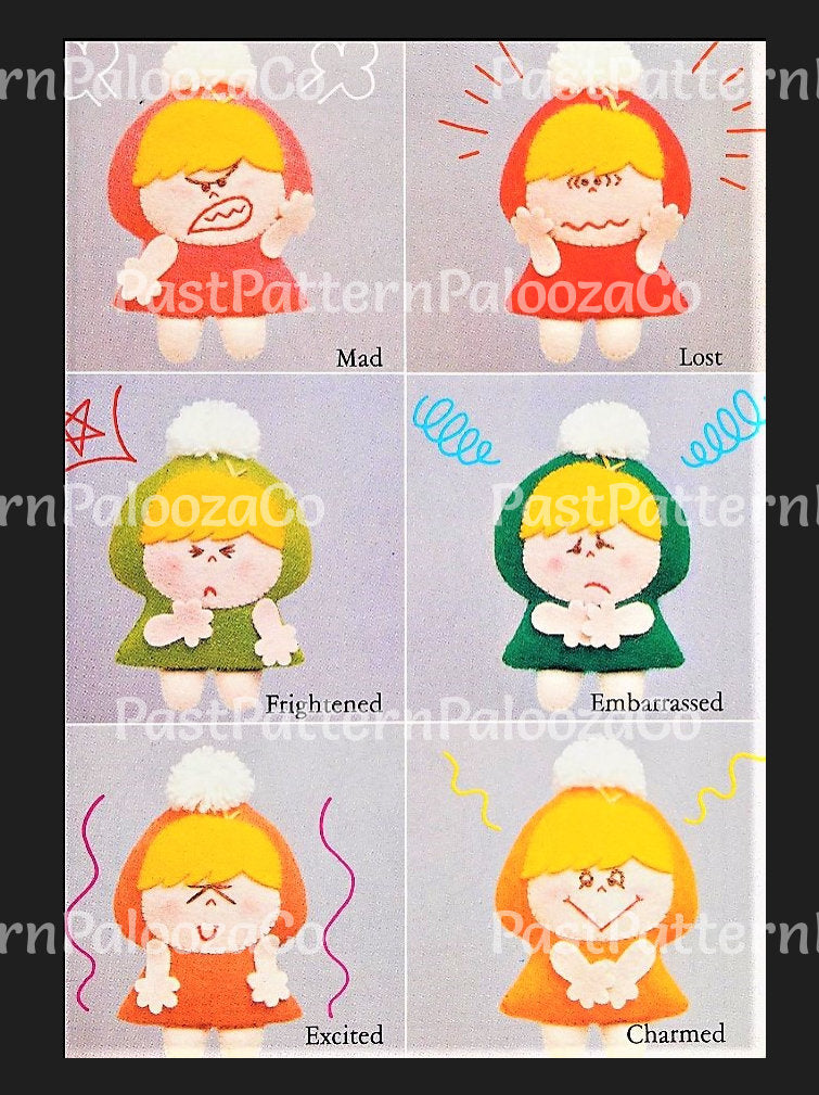 Vintage Sewing Pattern 3.5" Mini Felt Emotions Soft Doll Figures Set of 12 Different Facial Expressions PDF Instant Digital Download