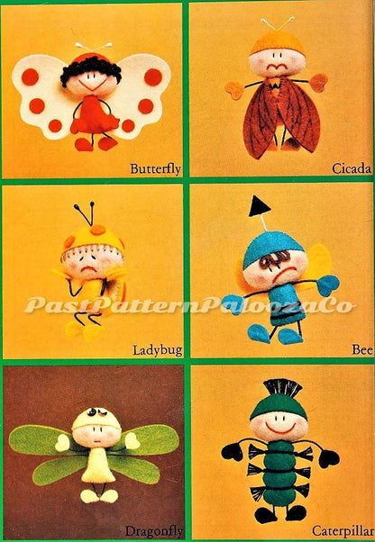 Vintage Sewing Pattern 5" Creepy Crawly Creatures Felt Soft Doll Figures PDF Instant Digital Download 12 Kitsch Bugs Insect Butterfly Snail