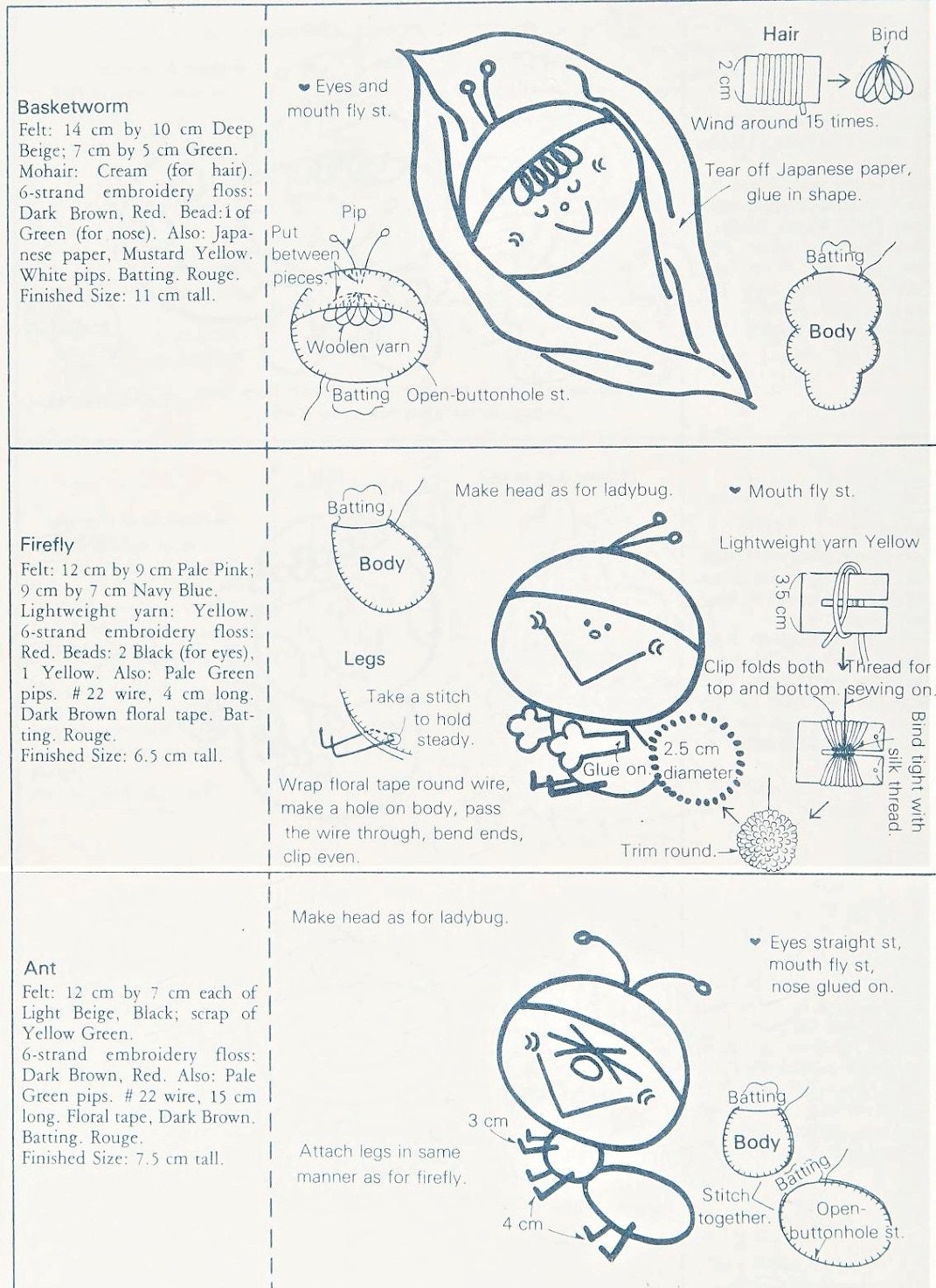 Vintage Sewing Pattern 5" Creepy Crawly Creatures Felt Soft Doll Figures PDF Instant Digital Download 12 Kitsch Bugs Insect Butterfly Snail