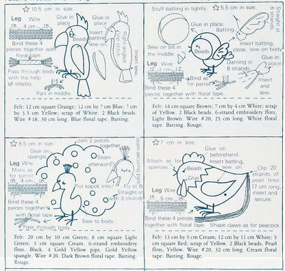 Vintage Sewing Pattern Mini Felt Birds Soft Dolls 12 Figures 2 -5 Inches PDF Instant Digital Download Bat Owl Parrot Peacock Chicken