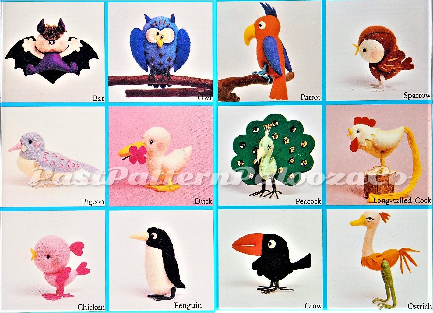 Vintage Sewing Pattern Mini Felt Birds Soft Dolls 12 Figures 2 -5 Inches PDF Instant Digital Download Bat Owl Parrot Peacock Chicken