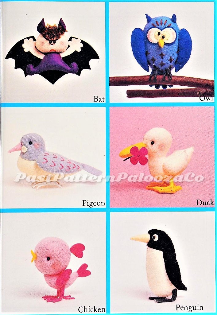 Vintage Sewing Pattern Mini Felt Birds Soft Dolls 12 Figures 2 -5 Inches PDF Instant Digital Download Bat Owl Parrot Peacock Chicken