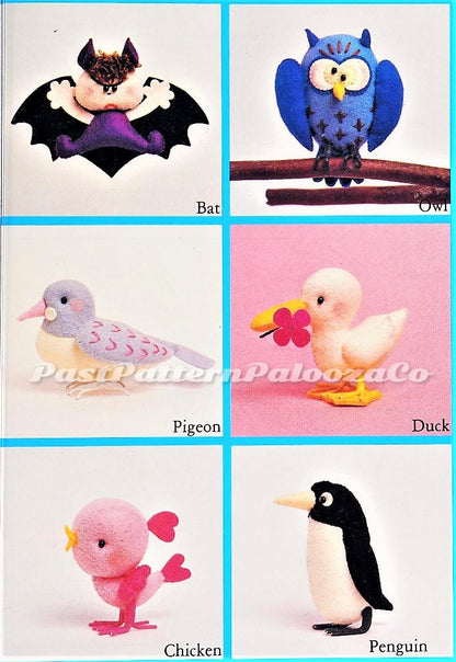 Vintage Sewing Pattern Mini Felt Birds Soft Dolls 12 Figures 2 -5 Inches PDF Instant Digital Download Bat Owl Parrot Peacock Chicken