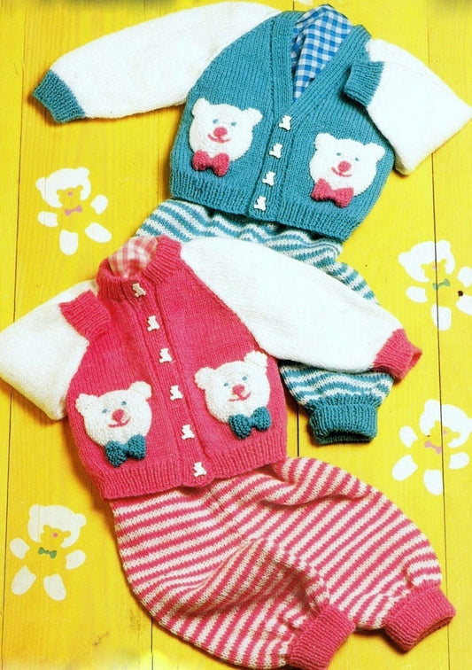 Vintage Knitting Pattern Baby Teddy Bear Face Motif Cardigan Sweater & Striped Leggings Set PDF Instant Digital Download 0-3 yrs DK