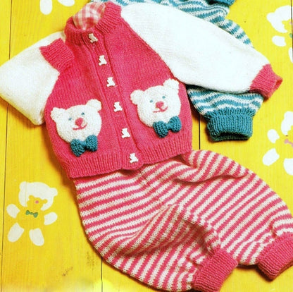 Vintage Knitting Pattern Baby Teddy Bear Face Motif Cardigan Sweater & Striped Leggings Set PDF Instant Digital Download 0-3 yrs DK