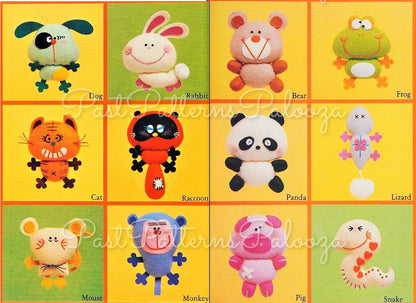 Vintage Sewing Pattern 3" Mini Cute Animals 12 Felt Soft Doll Figures PDF Instant Digital Download Puppy Panda Pig Frog Cat Bunny and More