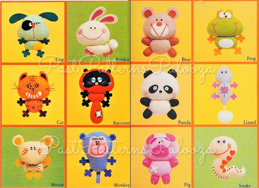 Vintage Sewing Pattern 3" Mini Cute Animals 12 Felt Soft Doll Figures PDF Instant Digital Download Puppy Panda Pig Frog Cat Bunny and More