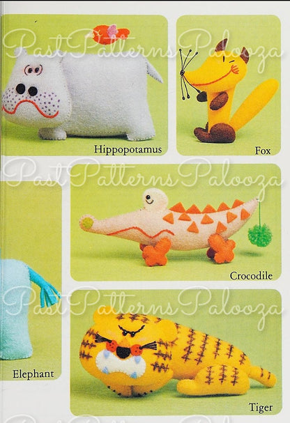 Vintage Sewing Pattern Cuddly Creatures Zoo Animals 12 Felt Soft Doll Figures 3-5 Inches PDF Instant Digital Download Gorilla Lion Hippo +
