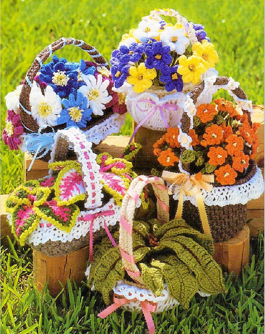 Vintage Crochet Patterns Fancy Flower and Plant Baskets PDF Instant Digital Download Realistic Floral Basket Amigurumi 5 Designs 10 Ply