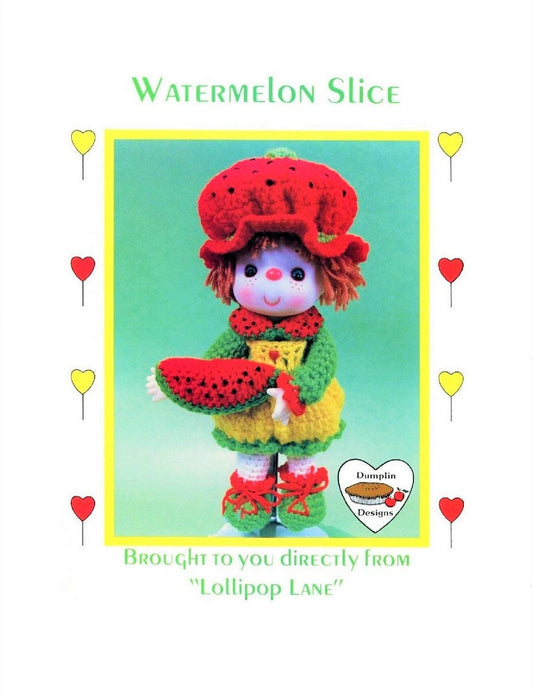 Vintage Crochet Pattern 14" Lollipop Lane Watermelon Slice Yarn Head Doll PDF Instant Digital Download Retro 1980s Dumplin Designs 4 Ply