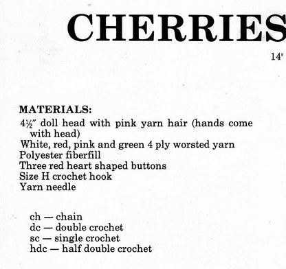 Vintage Crochet Pattern 14" Lollipop Lane Cherries Jubilee Yarn Head Doll PDF Instant Digital Download Retro 1980s Dumplin Designs 4 Ply