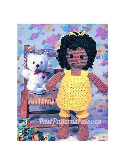 Vintage Crochet Pattern 18" Little Girl Amigurumi Soft Doll Curly Black Hair PDF Instant Download Plush Pretty African American Girl 10 Ply