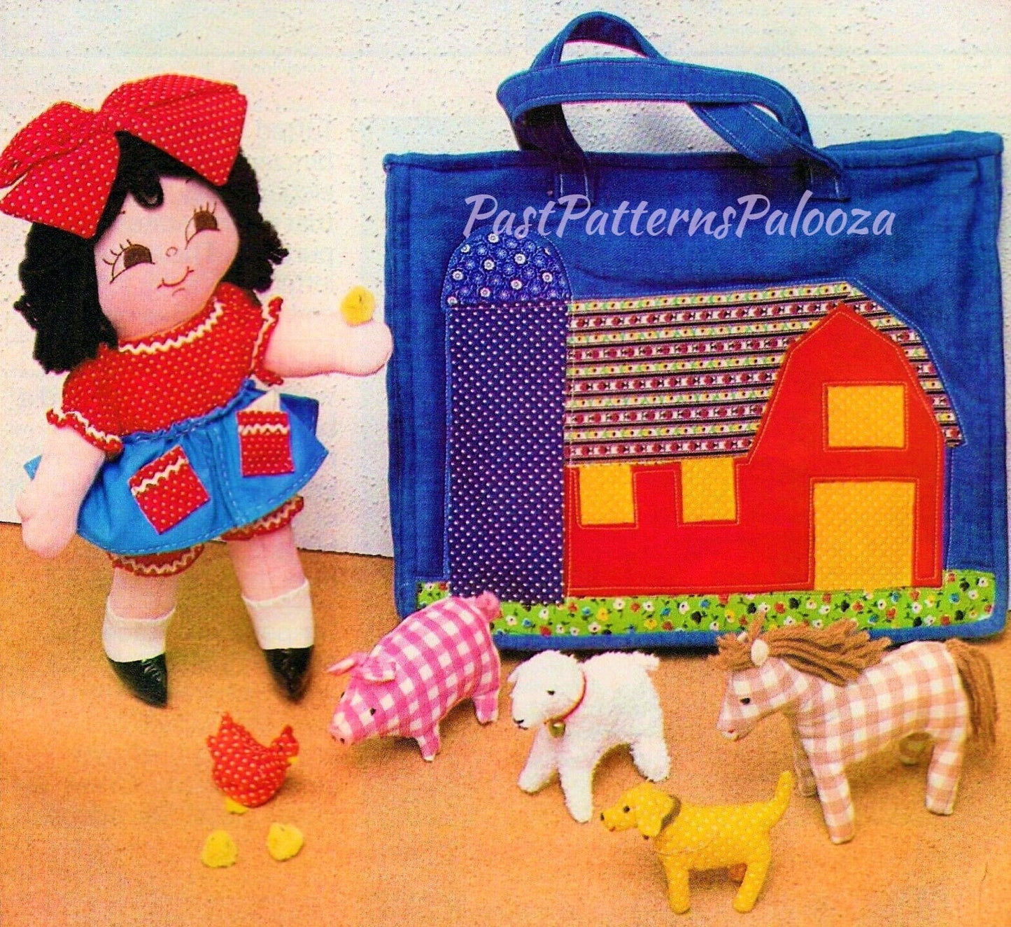 Vintage Sewing Pattern 14" Country Farm Girl Soft Toy Doll Barnyard Animals and Barn Tote Carrier Playset Set PDF Instant Digital Download