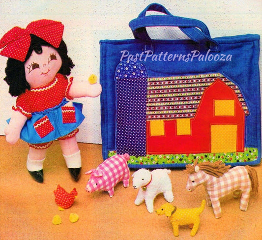 Vintage Sewing Pattern 14" Country Farm Girl Soft Toy Doll Barnyard Animals and Barn Tote Carrier Playset Set PDF Instant Digital Download