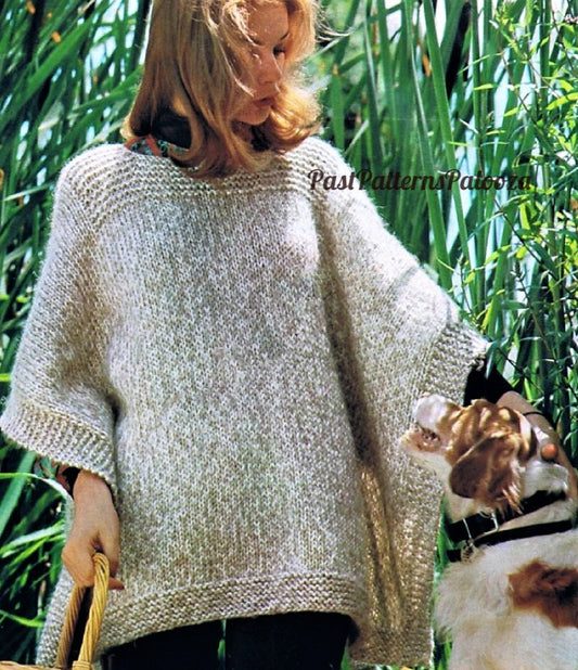 Vintage Knitting Pattern Womens Boho Square Poncho Sweater Quick Easy Simple Knit PDF Instant Digital Download One Size