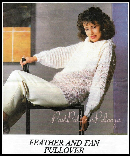 Vintage Knitting Pattern Womens Feather and Fan Pullover Sweater Top PDF Instant Digital Download White Pink Gray Jumper 10 Ply