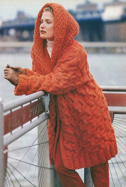 Vintage Knitting Pattern Womens Long Chunky Cable Knit Hooded Coat PDF Instant Digital Download Oversized Cardigan Jacket with Hood 14 Ply