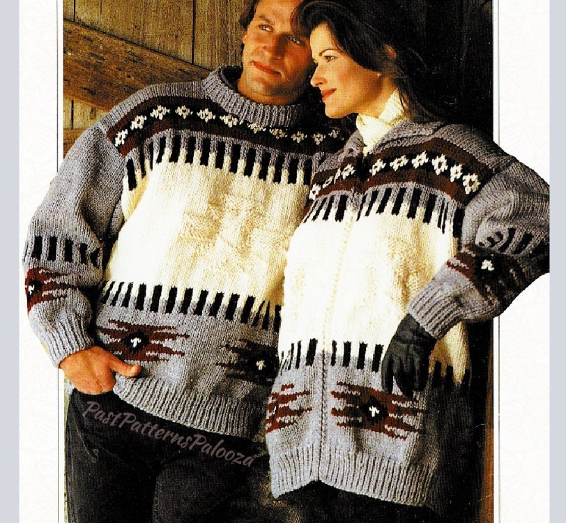 Vintage Knitting Pattern His Hers Indian Blanket Sweater & Jacket PDF Instant Digital Download Knit Unisex Cowichan Fair Isle Chunky 12 Ply