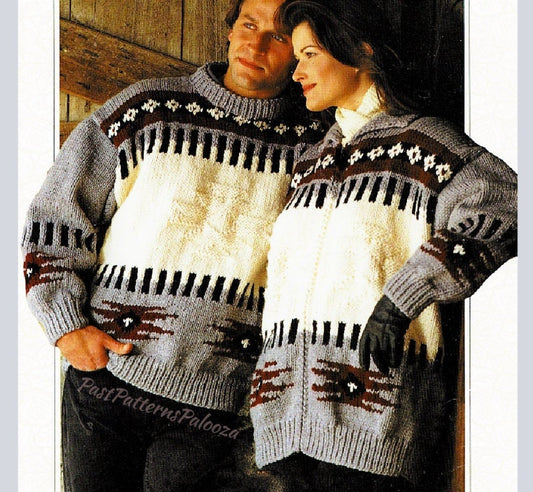 Vintage Knitting Pattern His Hers Indian Blanket Sweater & Jacket PDF Instant Digital Download Knit Unisex Cowichan Fair Isle Chunky 12 Ply