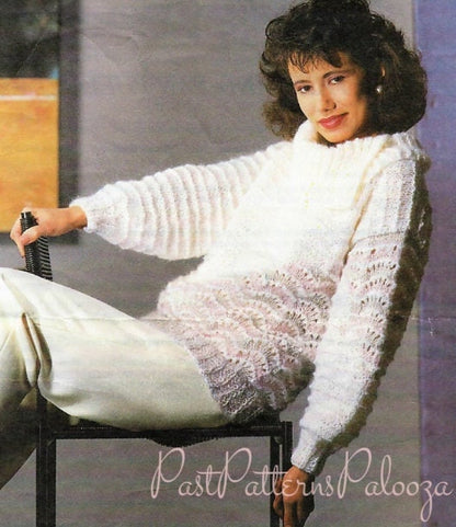 Vintage Knitting Pattern Womens Feather and Fan Pullover Sweater Top PDF Instant Digital Download White Pink Gray Jumper 10 Ply