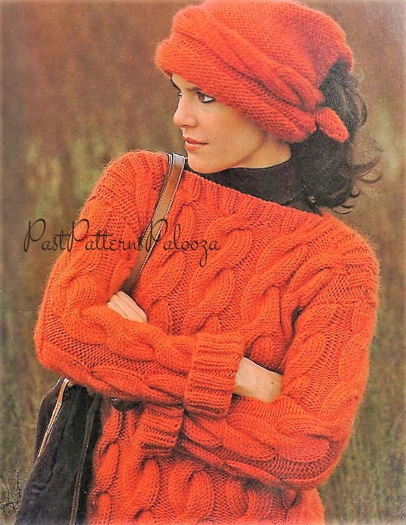 Vintage Knitting Pattern Womens Retro Bold Cabled Sweater and Scarf Hat Set PDF Instant Digital Download Cable Twist Pullover Bulky 12 Ply