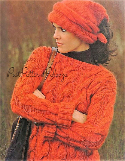 Vintage Knitting Pattern Womens Retro Bold Cabled Sweater and Scarf Hat Set PDF Instant Digital Download Cable Twist Pullover Bulky 12 Ply