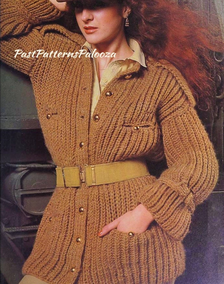 Vintage Knitting Pattern Womens Retro Military Jacket Cardigan Sweater Epaulettes PDF Instant Digital Download Brioche Chunky Bulky 12 Ply