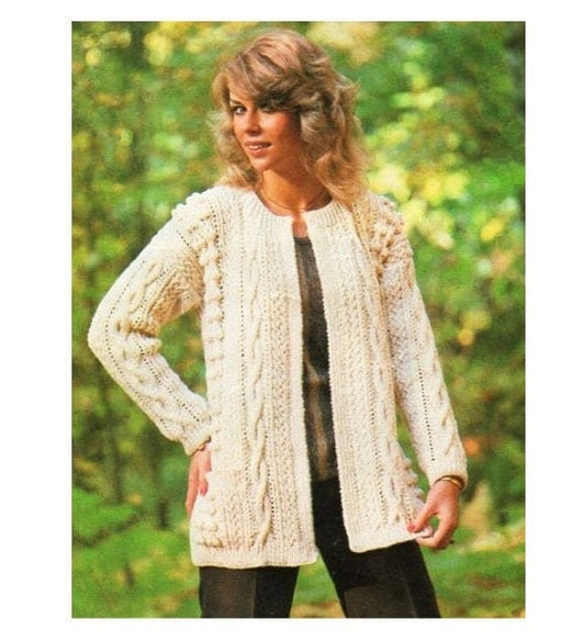 Vintage Knitting Pattern Womens Aran Jacket Cabled Cardigan PDF Instant Digital Download Edge to Edge Cable 10 Ply