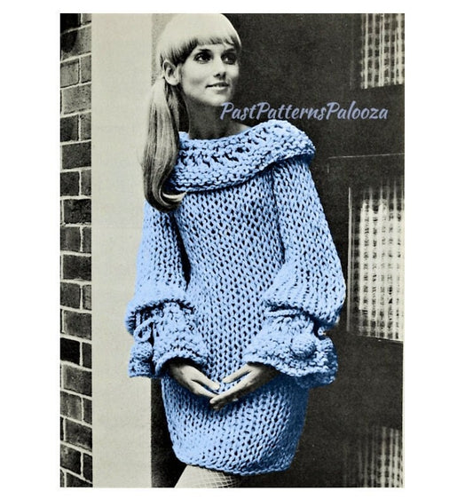 Vintage Knitting Pattern Womens Cape Collar Mini Dress Retro 1968 Boho Bell Sleeves PDF Instant Digital Download Mod Dress Big Needle Knits