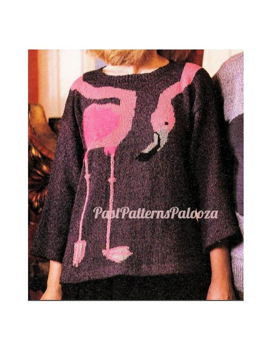 Vintage Knitting Pattern Flamingo Sweater Wraparound Neck PDF Instant Digital Download Womens Adult Pullover Novelty Jumper DK 8 Ply