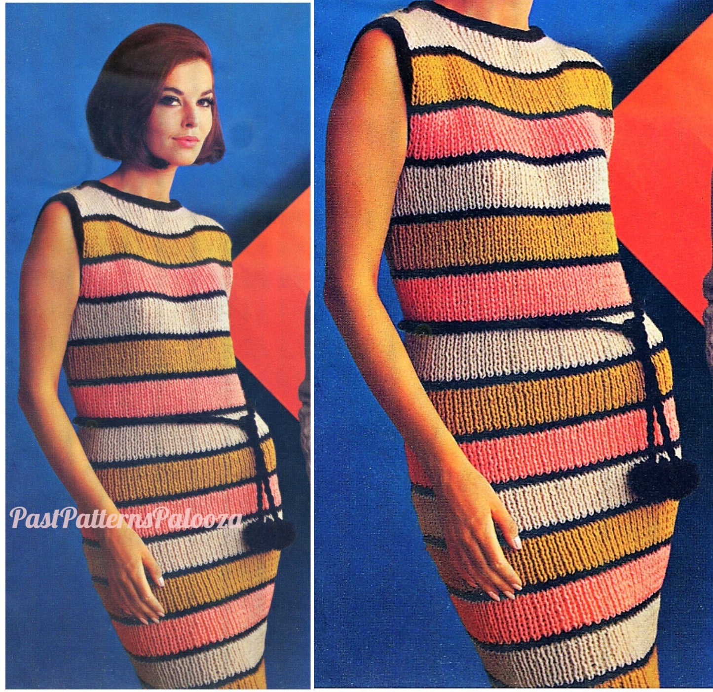 Vintage Knitting Pattern Womens Striped Sleeveless Dress Knit Summer Shift PDF Instant Digital Download Retro Mod Boho Chic 10 Ply