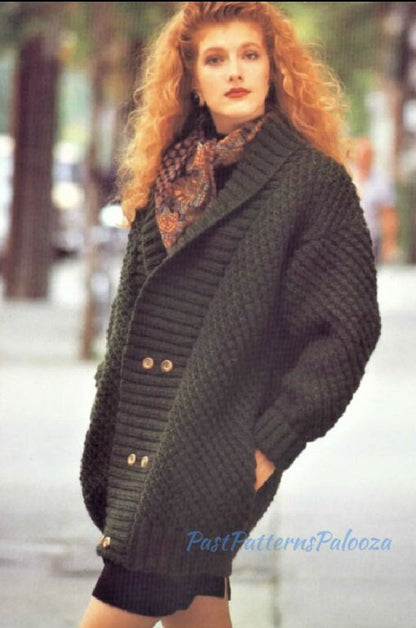 Vintage Knitting Pattern Womens Double Breasted Cocoon Coat PDF Instant Digital Download Oversized Chunky Knit Cardigan 14 Ply