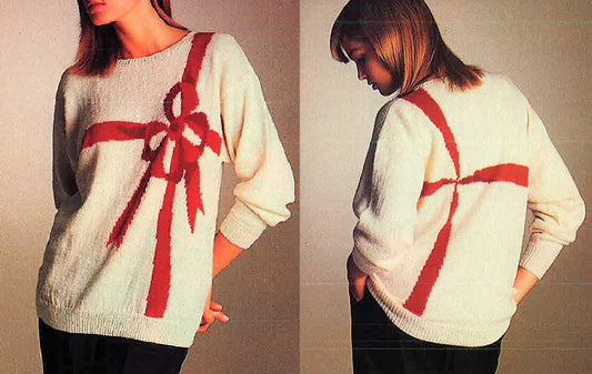 Vintage Knitting Pattern Womens Christmas Present Bow Motif Sweater PDF Instant Digital Download Holiday Pullover Jumper 3 Ply