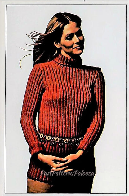 Vintage Knitting Pattern Womens Classic Ribbed Turtleneck Pullover Sweater PDF Instant Digital Download Long Sleeved Jumper Top 5 Ply S M L