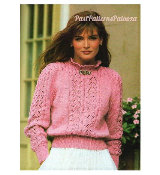 Vintage Knitting Pattern Womens Romantic Lacy Cabled Openwork Knit Sweater PDF Instant Digital Download Ruffled Collar Ribbed Waist 10 Ply