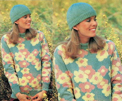 Vintage Knitting Pattern Womens Spring Flower Motif Pullover Sweater and Hat Set PDF Instant Digital Download DK 8-Ply