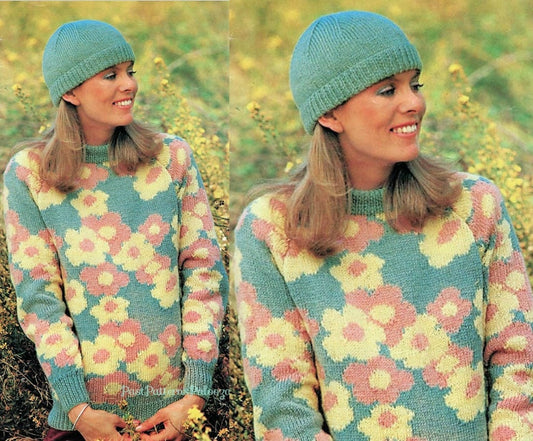 Vintage Knitting Pattern Womens Spring Flower Motif Pullover Sweater and Hat Set PDF Instant Digital Download DK 8-Ply
