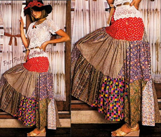 Vintage Sewing Pattern Womens Tiered Peasant Patchwork Maxi Skirt PDF Instant Digital Download Retro 70s Boho Hippie Gypsy Chic