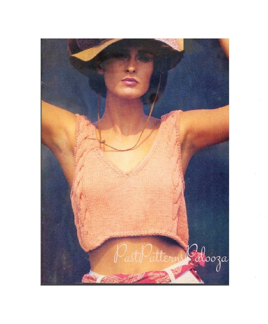 Vintage Knitting Pattern Womens Tank Crop Top Cabled Midriff PDF Instant Digital Download Cami Short Summer Pullover S M L DK 8 Ply