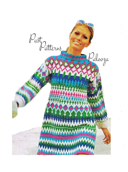 Vintage Knitting Pattern Womens Nordic Icelandic Mini or Maxi Sweater Dress PDF Instant Digital Download Retro Fair Isle Scandinavian