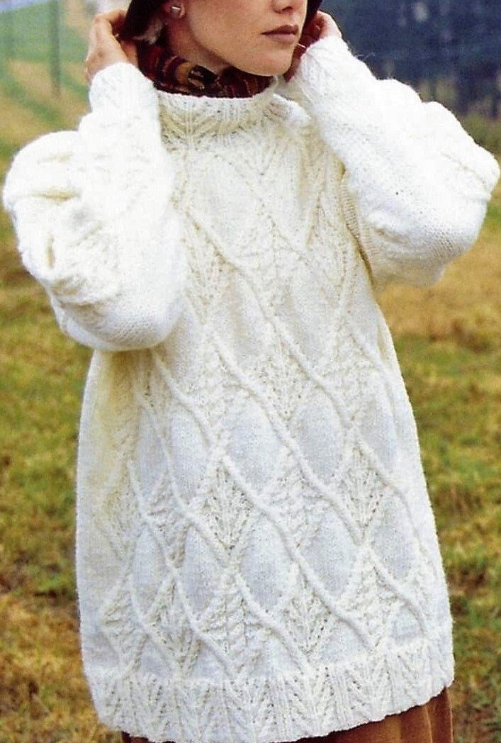 Vintage Knitting Pattern Womens Textured Diamonds Aran Sweater Long Pullover Jumper PDF Instant Digital Download 10 Ply