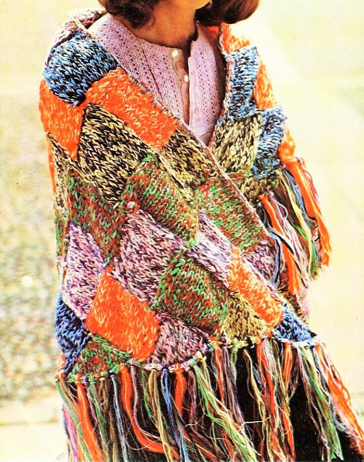 Vintage Knitting Pattern Womens Patchwork Squares Fringed Shawl PDF Instant Digital Download Retro Boho Wrap Cotton DK
