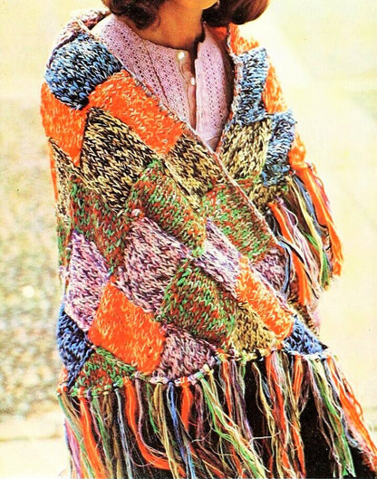 Vintage Knitting Pattern Womens Patchwork Squares Fringed Shawl PDF Instant Digital Download Retro Boho Wrap Cotton DK
