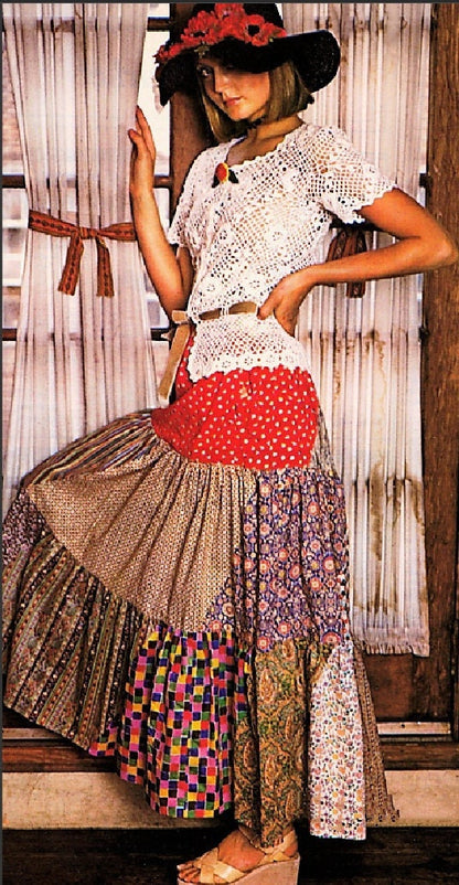 Vintage Sewing Pattern Womens Tiered Peasant Patchwork Maxi Skirt PDF Instant Digital Download Retro 70s Boho Hippie Gypsy Chic